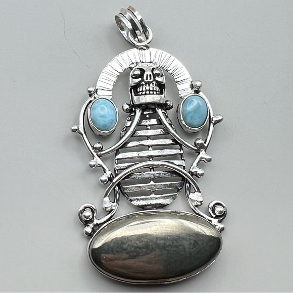 New Unique Large Skull Apache Pyrite Larimar Stone Silver Overlay Pendant - Picture 6 of 8